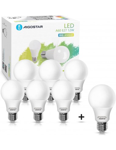 Aigostar Bombilla LED E27 12W, Luz blanca fría 6400K, 1020 lúmenes, Lámpara A60, Ángulo 280º, Ahorro de energía, No regulable -