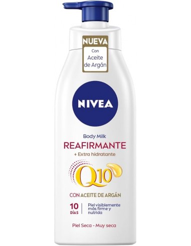 NIVEA Q10 Aceite de Argán Body Milk Reafirmante + Hidratante, Loción corporal vitamina C, Crema hidratante corporal reafirmante,