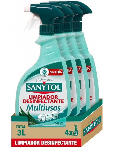 Sanytol - Limpiador Desinfectante Multiusos, Elimina Bacterias, Hongos y Virus Sin Lejía, Perfume Eucaliptus - Pack de 4 x 750