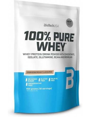 BioTechUSA 100% Pure Whey | Proteína en Polvo con BCAA y Glutamina | Sin Gluten, Sin Aceite de Palma, 454 g, Cookies & Cream