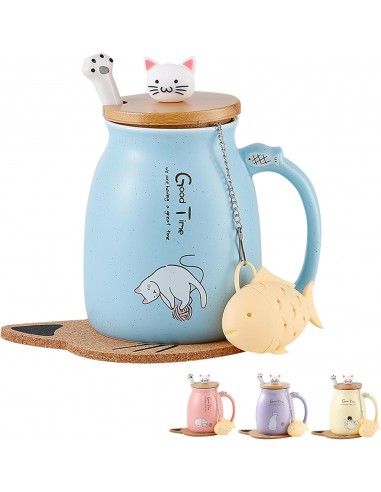 MengCat Taza Gato Linda Taza de café de cerámica con Tapa，Cuchara, Novedad Copa de la mañana Té Leche Navidad Jarra Regalo 380ML