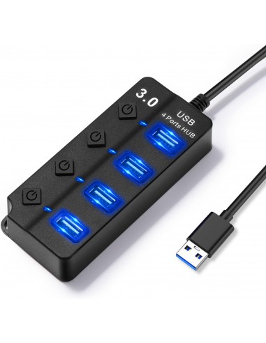 Hoppac Hub USB 3.0, 4 Puertos Divisor con interruptores Independientes, Adaptador para PC con luz LEd, Toma mÃºltiple para la