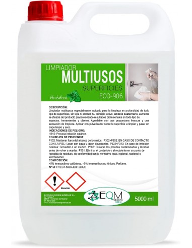 EQM SOLUCIONES QUÍMICAS | ECO-906 | 5 L | Limpiador Multiusos de Superficies | Sin Lejía, Amoniaco o Alcohol | Apto para todo