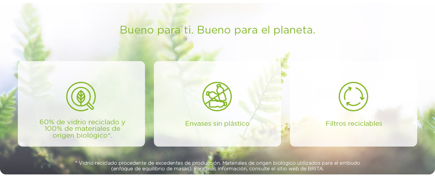 Bueno para ti. Bueno para el planeta. Vidrio reciclado. Envases sin plastico. Filtros reciclables